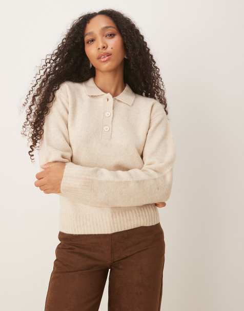 JJXX knitted polo jumper in cream - view 1
