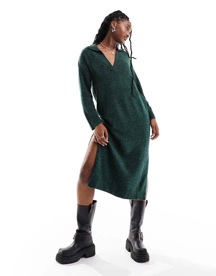 JJXX knitted polo maxi jumper dress in dark green