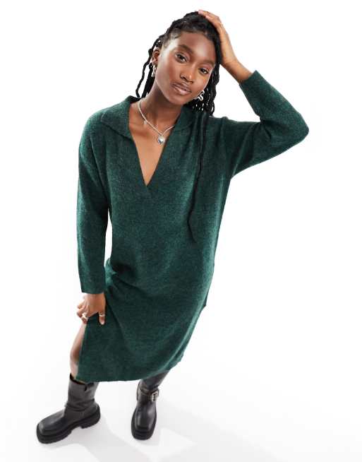 JJXX knitted polo maxi jumper dress in dark green ASOS