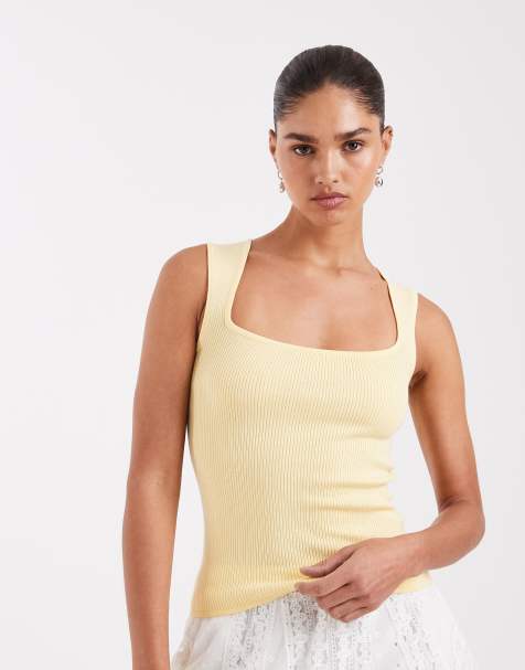 JJXX knitted sqaure neck top in butter yellow  - view 1