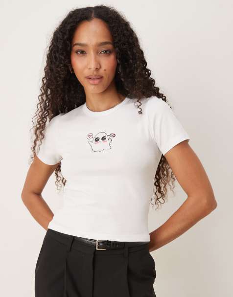 JJXX – Krótki biały T-shirt z nadrukiem z uroczym duszkiem - view 1