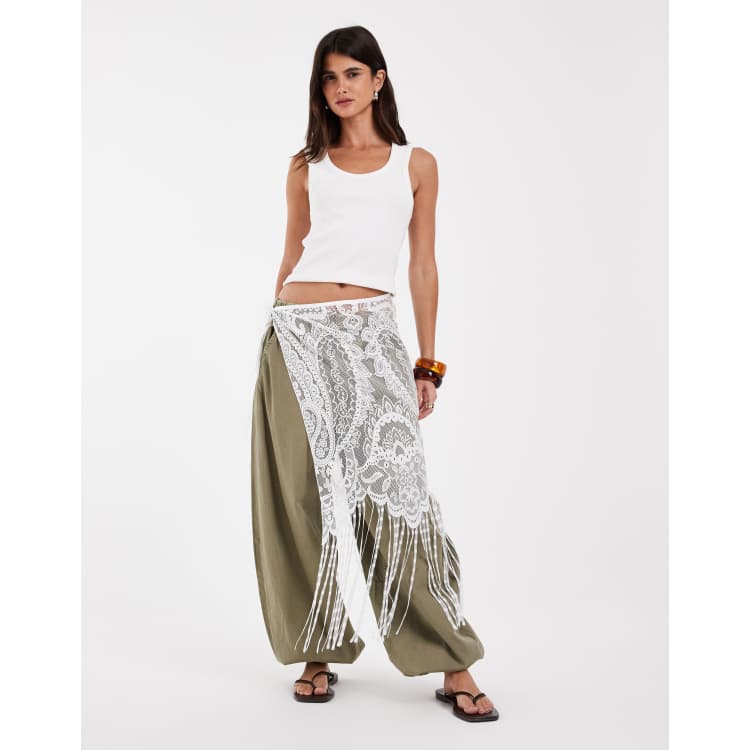 JJXX lace tassel hip scarf overlay in cream | ASOS