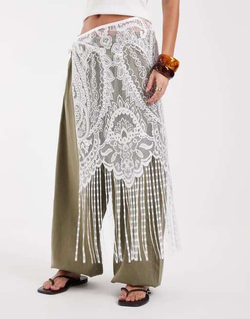 JJXX lace tassel hip scarf overlay in cream, 2 of 3