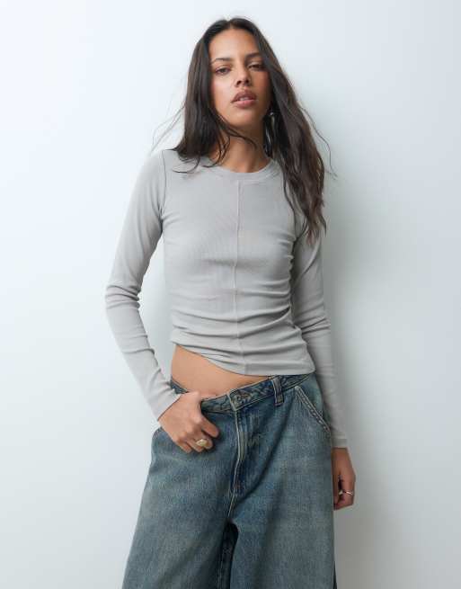 JJXX Langarm-Rippoberteil mit Nahtdetails in Taupe, 4 von 9