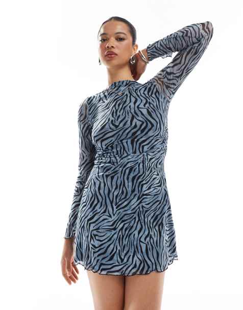 JJXX – Langärmliges Kleid aus Netzstoff in Blau mit Zebramuster - view 1