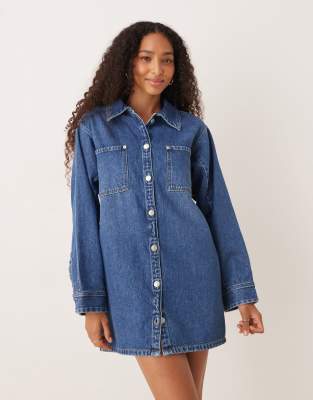 JJXX - Langärmliges Oversize-Jeanskleid in mittelblauer Waschung