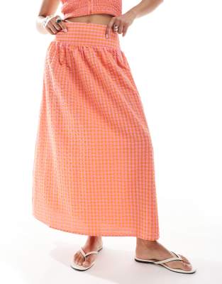 JJXX - Langer Rock mit Vichykaromuster in Orange und Rosa, Kombiteil