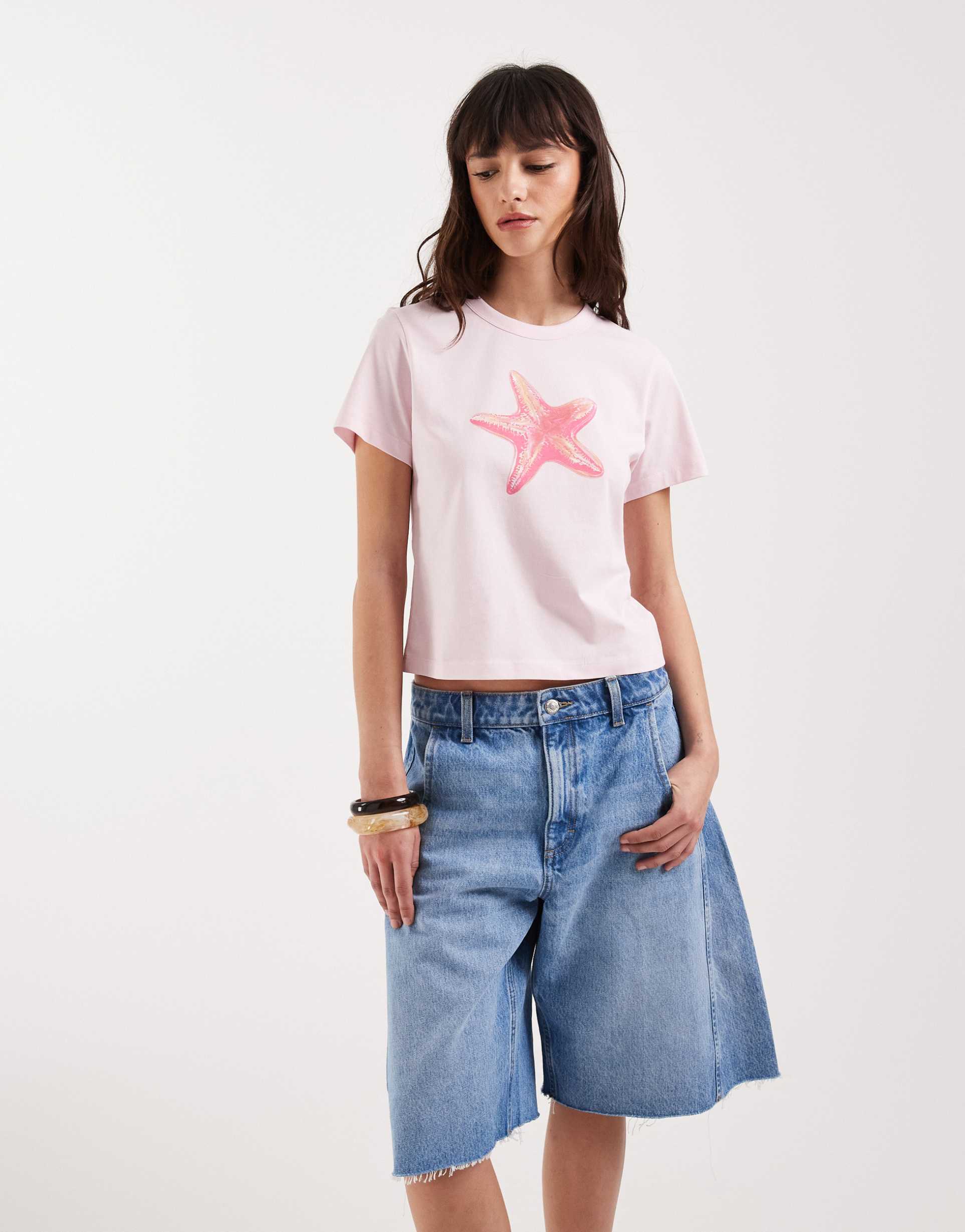 jjxx large starfish print baby tee in pastel pink