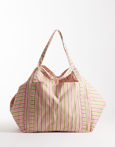 JJXX large striped tote bag in green and pink - view 1