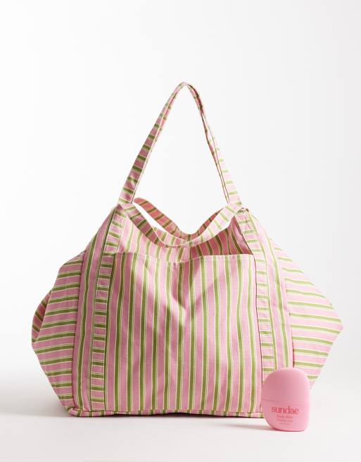 JJXX large striped tote bag in green and pink, 2 of 4