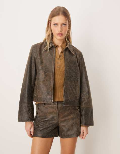 JJXX leather jacket in washed brown