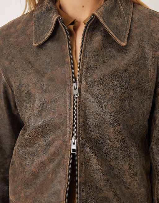 JJXX leather jacket in washed brown | ASOS