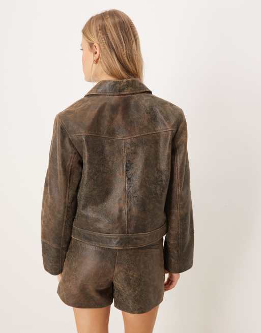 JJXX leather jacket in washed brown | ASOS