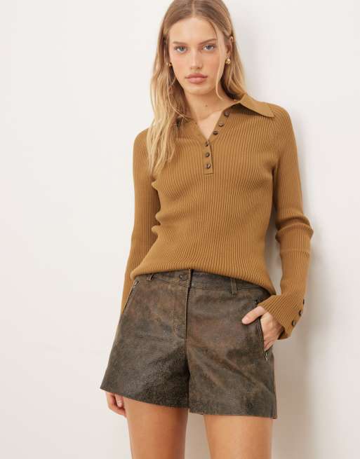 JJXX - Leren micro-short in bruin met wassing, deel van co-ord set, 4 van 5