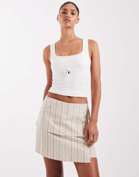 JJXX linen blend asymetric tie waist mini skirt in beige stripes - view 1