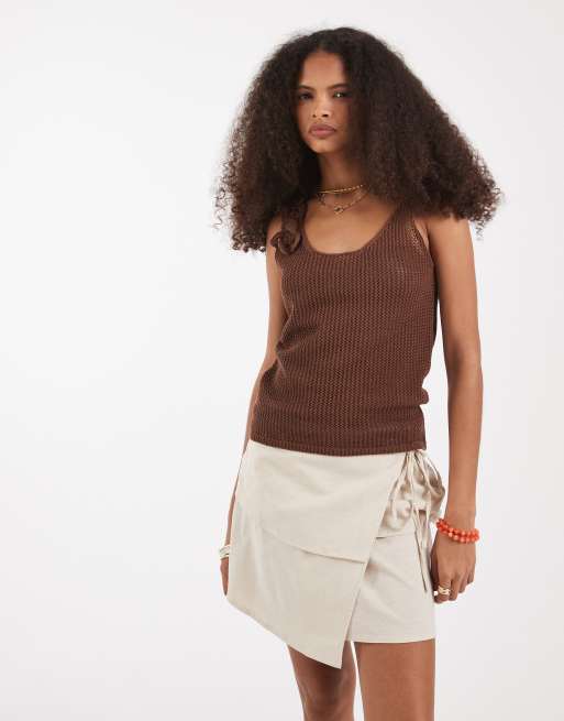 JJXX linen blend asymetric tie waist mini skirt in beige | ASOS