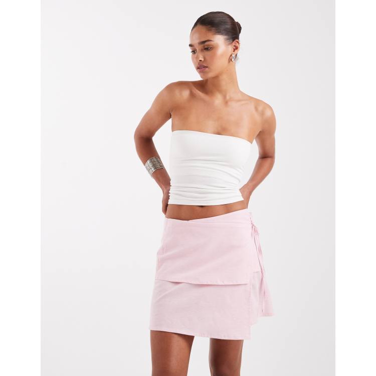 JJXX linen blend asymetric tie waist mini skirt in pink | ASOS