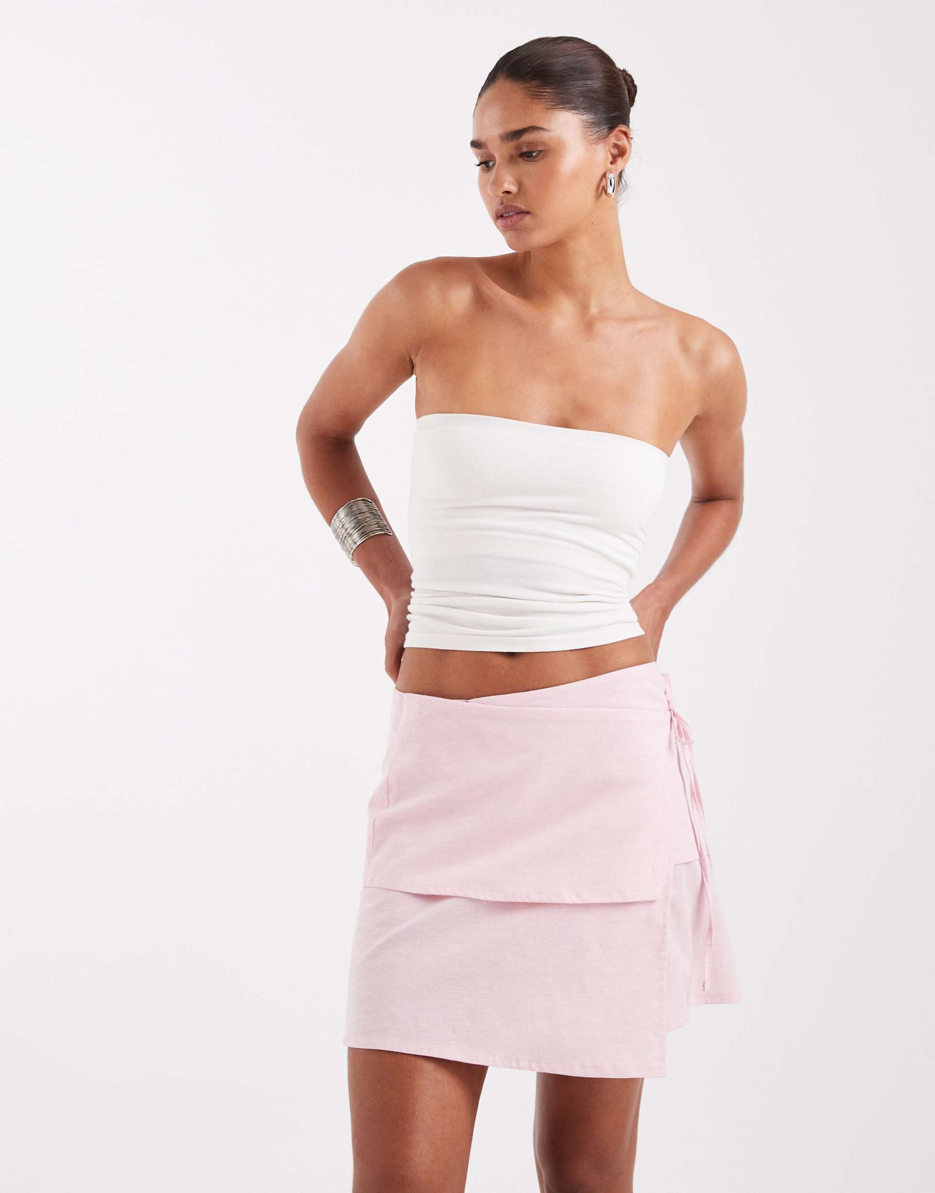 jjxx linen blend asymmetric tie waist mini skirt in pink