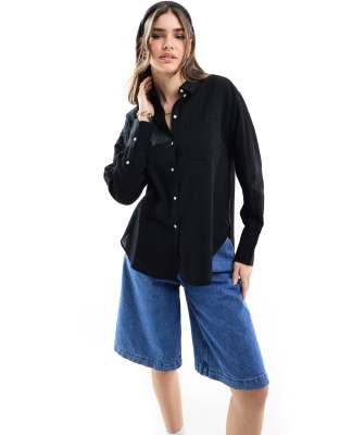 linen blend long sleeve shirt in black