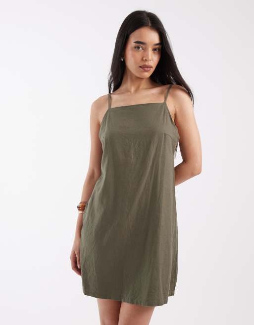 JJXX linen blend mini dress in khaki green, 2 of 4