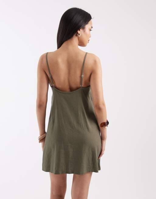 JJXX linen blend mini dress in khaki green, 4 of 4
