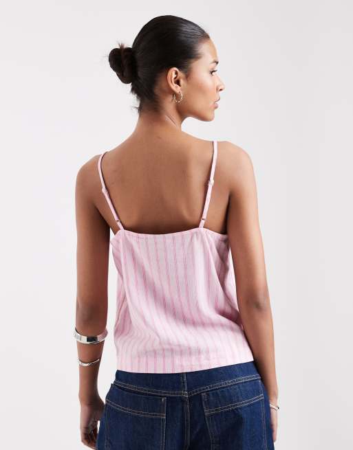 JJXX linen blend stripe cami top in pink, 4 of 4