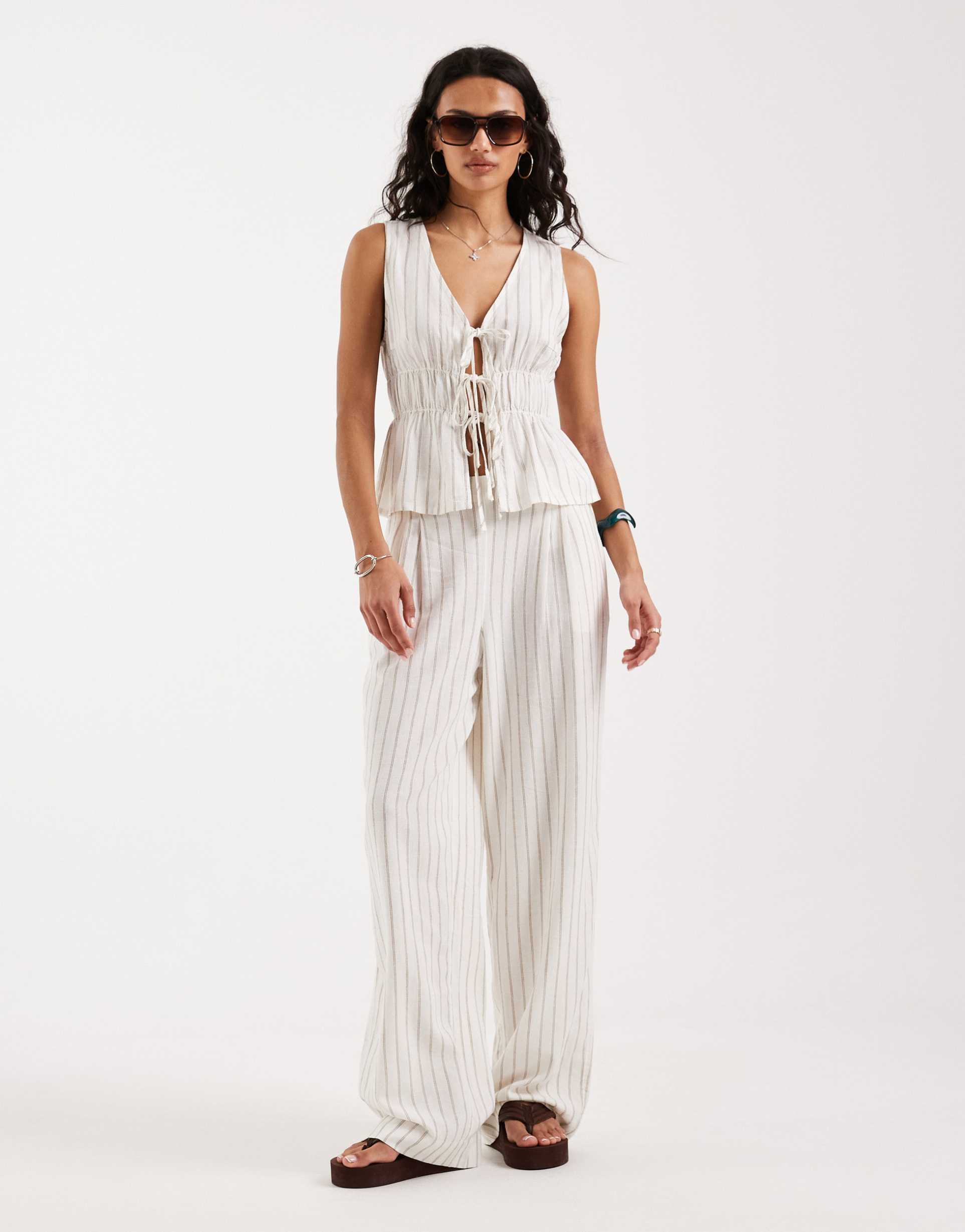 jjxx linen blend striped pants in white - part of a set