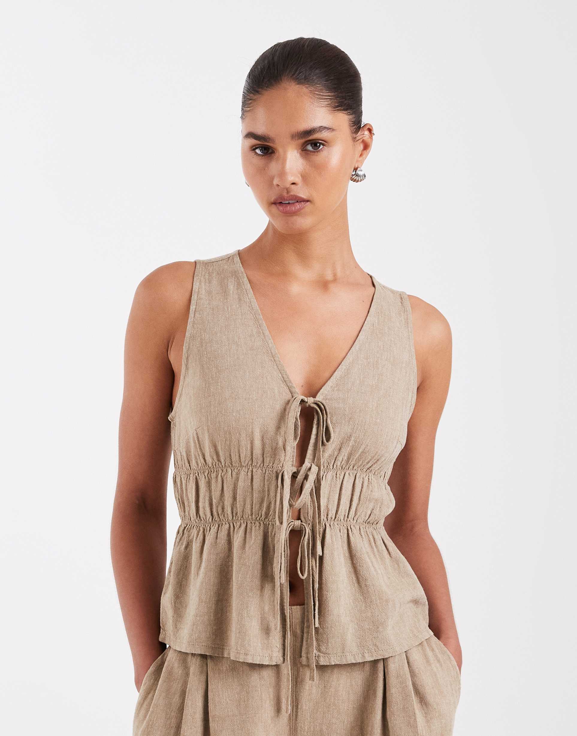 jjxx linen blend tie up front top in beige - part of a set