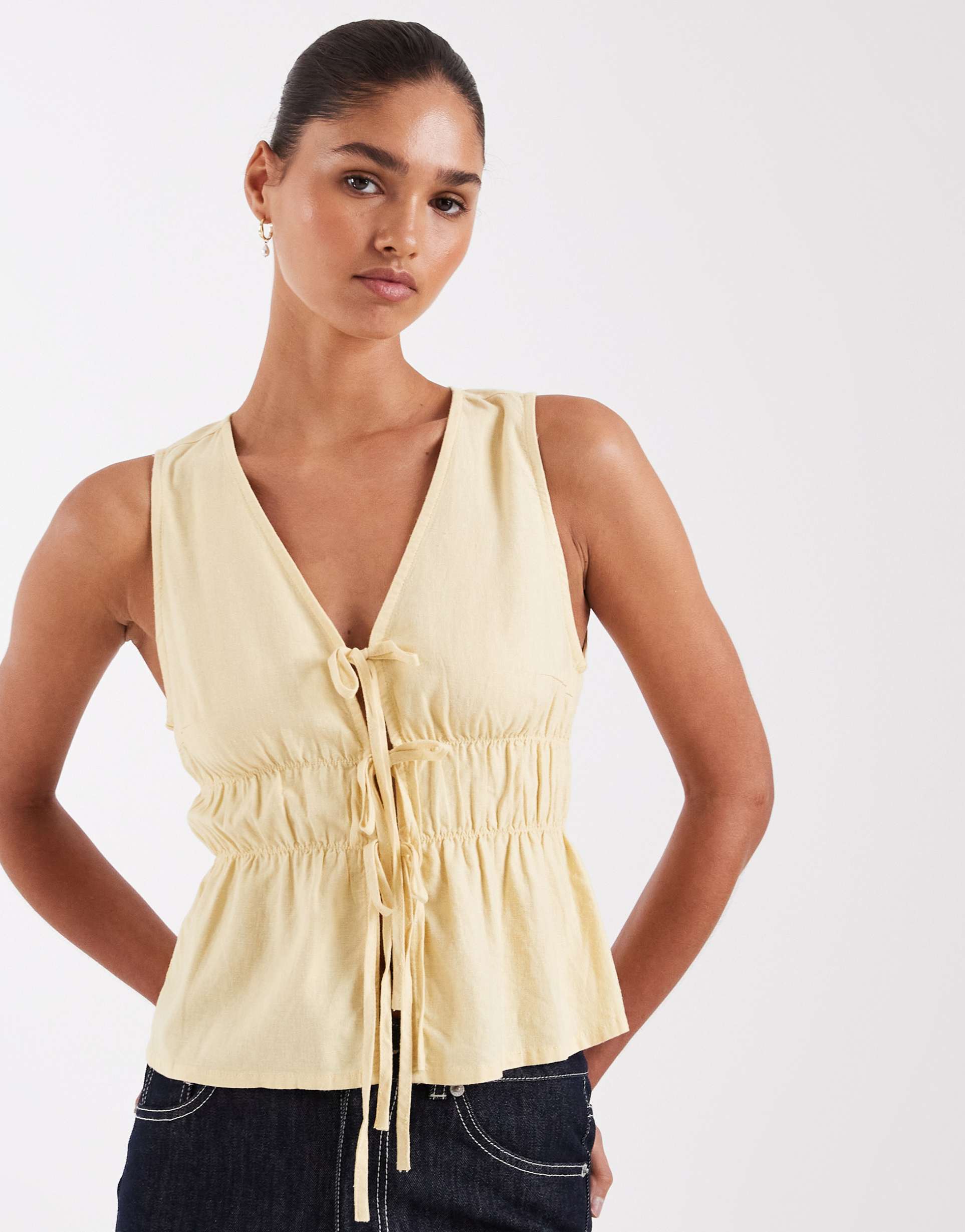 jjxx linen blend tie up front top in butter yellow - part of a set