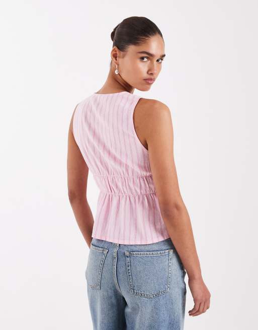 JJXX linen blend tie up front top in pink stripe (part of a set), 4 of 4