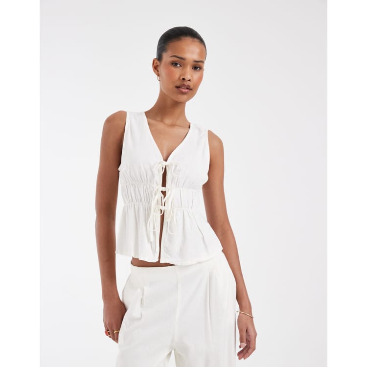 JJXX linen blend tie up front top in white - part of a set | ASOS