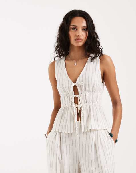 JJXX linen blend tie up front top in white stripe (part of a set) - view 1