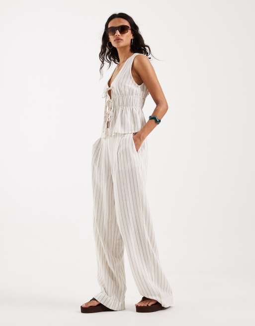 JJXX linen blend tie up front top in white stripe (part of a set), 2 of 4