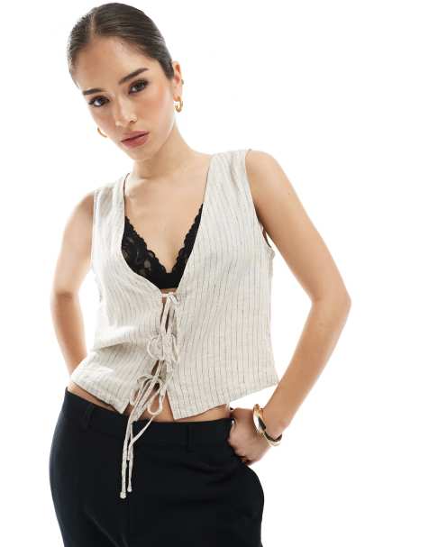 JJXX linen blend tie up vest top in cream stripe - view 1