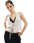 [JJXX] JJXX linen blend tie up waistcoat top in cream stripe-White 4-6 Feather gray