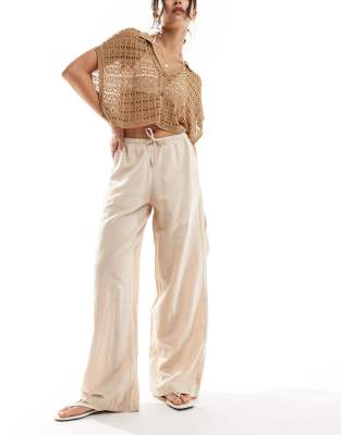 linen blend wide fit pants in beige-Neutral