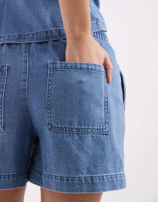 JJXX linen mix drawstring pull on shorts in mid blue (part of a set), 3 of 5