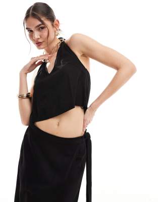 linen mix halterneck top in black - part of a set