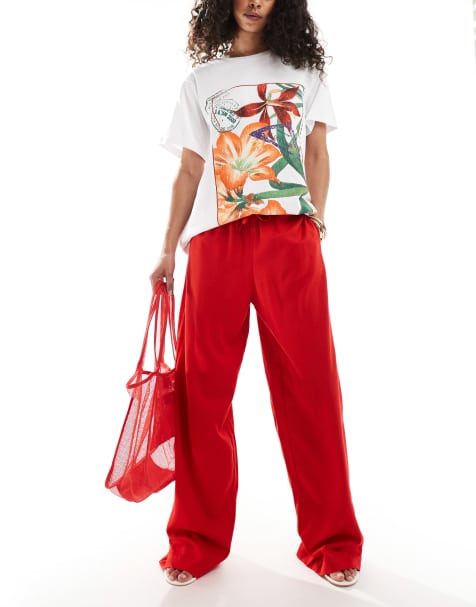 JJXX linen mix loose fit trousers in red - view 1
