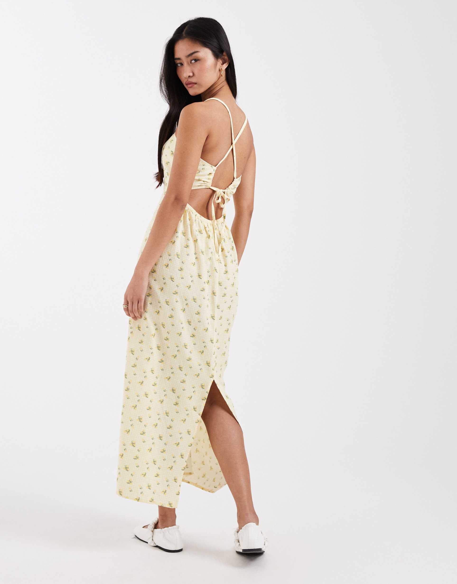 jjxx linen mix maxi dress with floral print in butter yellow