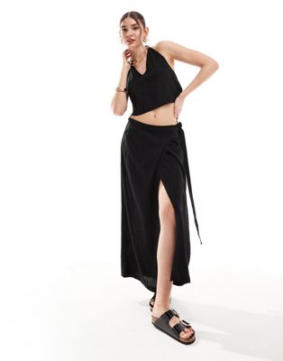 linen mix wrap maxi skirt in black - part of a set