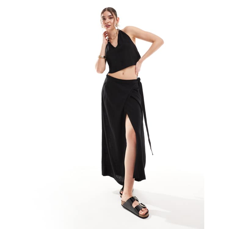 JJXX linen mix wrap maxi skirt in black - part of a set | ASOS