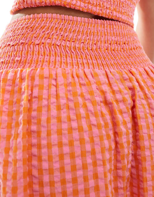 JJXX long skirt in pink orange gingham plaid - part of a set
