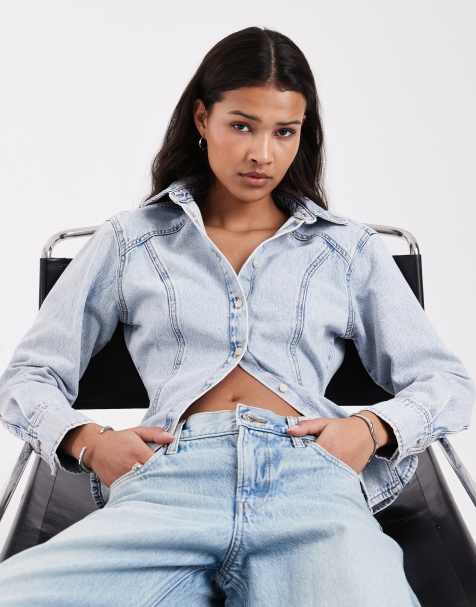 JJXX long sleeve denim fitted top in light blue - view 1