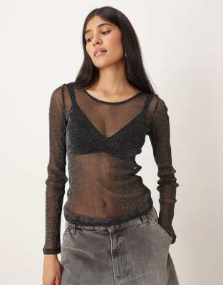 Jjxx Long Sleeve Glitter Mesh Top In Black