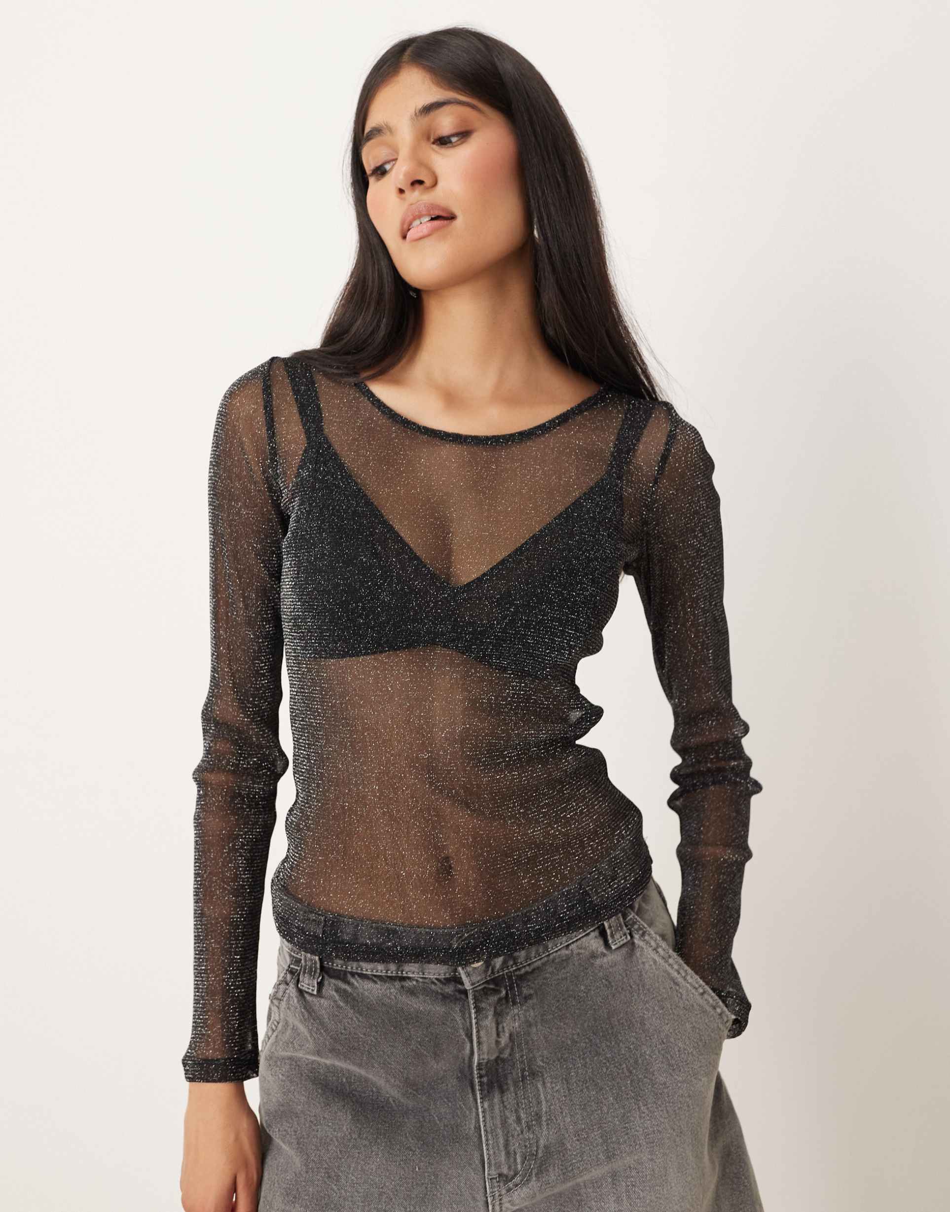 jjxx long sleeve glitter mesh top in black
