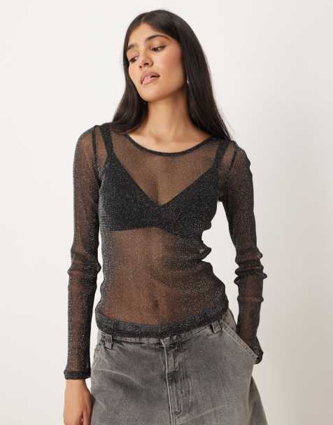 JJXX long sleeve glitter mesh top in black