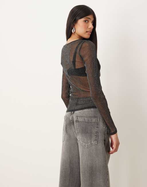 JJXX long sleeve glitter mesh top in black, 4 of 4