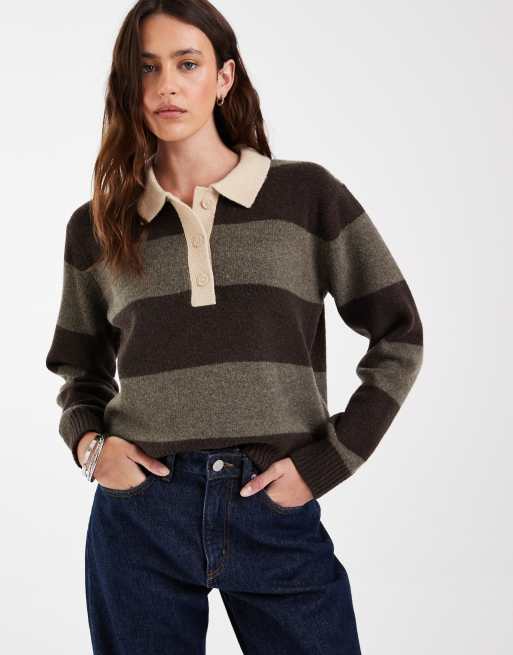 JJXX long sleeve knit polo with stripes in brown | ASOS