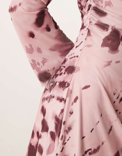JJXX long sleeve mesh dress in pink print, 3 of 4